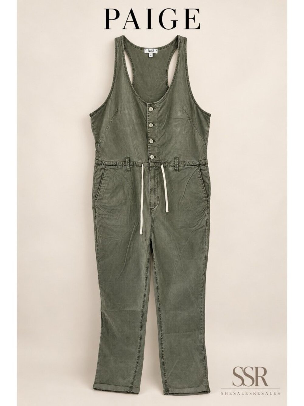 PAIGE Christy Utility Jumpsuit 12 Vintage Ivy Green Lyocell Racerback Drawstring